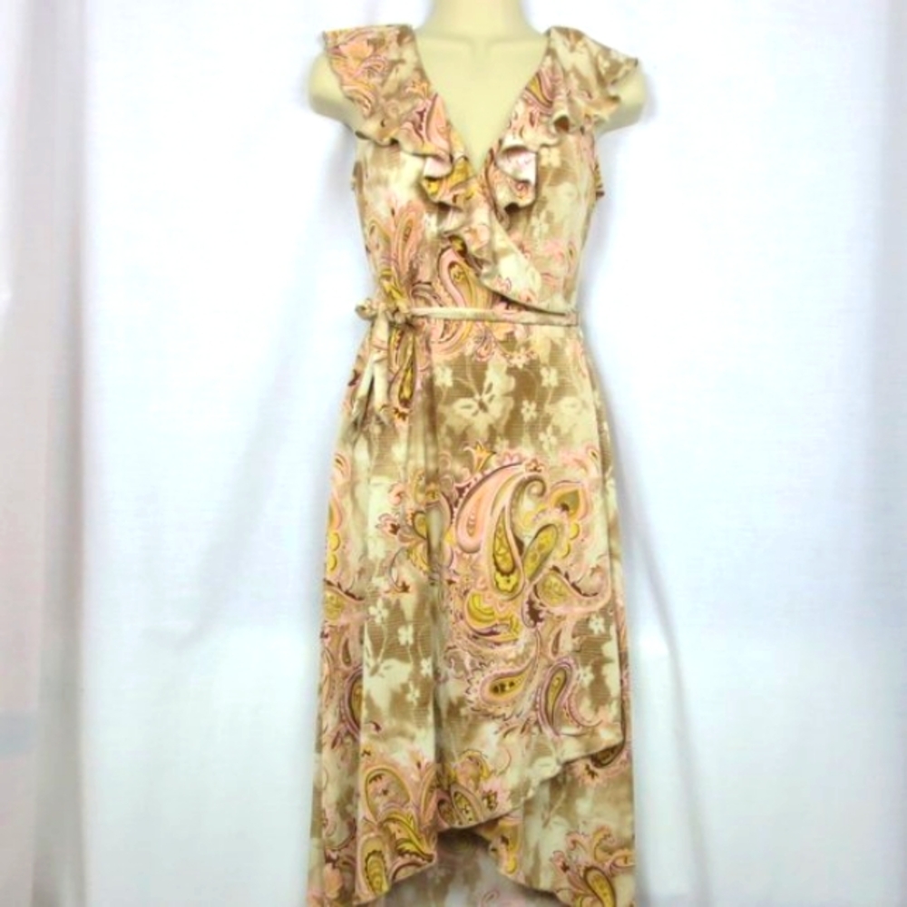 New bebe Dress Boho Fall Colors Floral Paisley Ruffle Wrap Midi Flowy Size Mi…